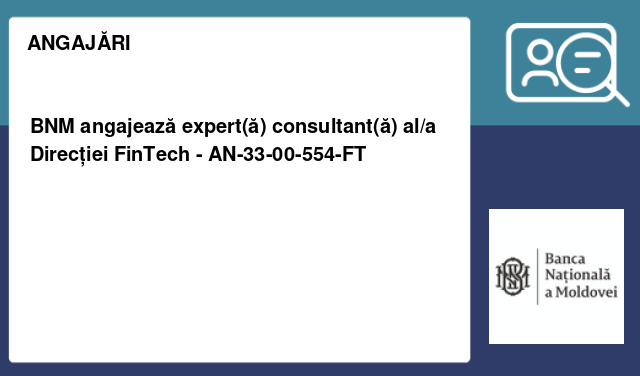 BNM angajează expert(ă) consultant(ă) al/a Direcției FinTech - AN-33-00-554-FT