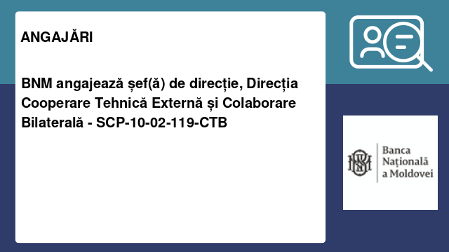 BNM angajează șef(ă) de direcție, Direcția Cooperare Tehnică Externă și Colaborare Bilaterală - SCP-10-02-119-CTB