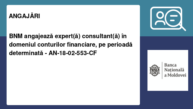 BNM angajează expert(ă) consultant(ă) în domeniul conturilor financiare, pe perioadă determinată - AN-18-02-553-CF
